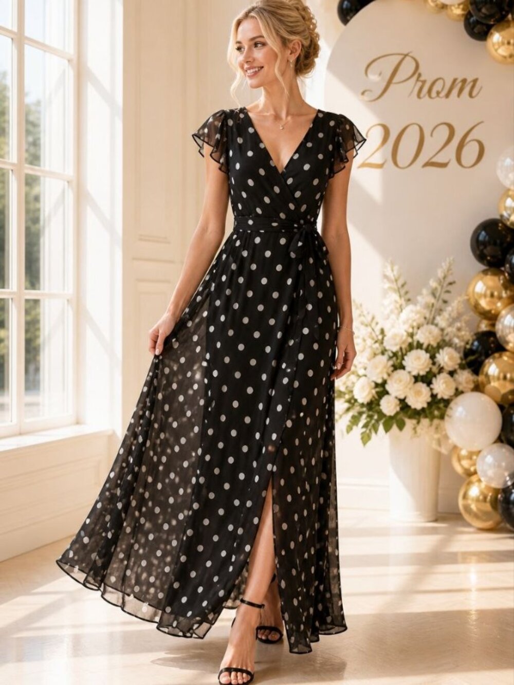 Eva Mendes Black Polka Dot Maxi Wrap Dress XS Chiffon Prom Evening Dress